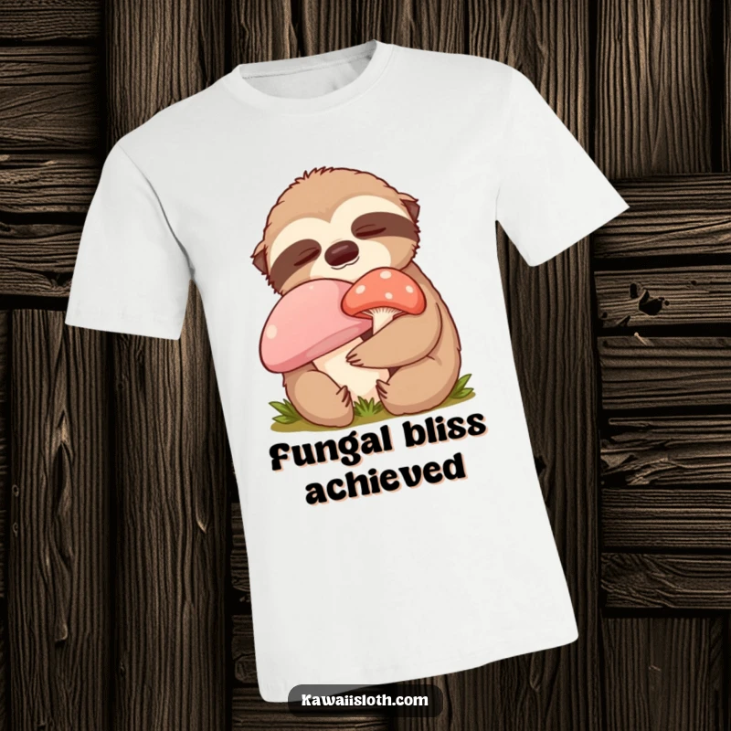 Funny content sloth t-shirt depicting a sloth gently hugging a mushroom with closed eyes, exuding adorable peace and comical warmth.