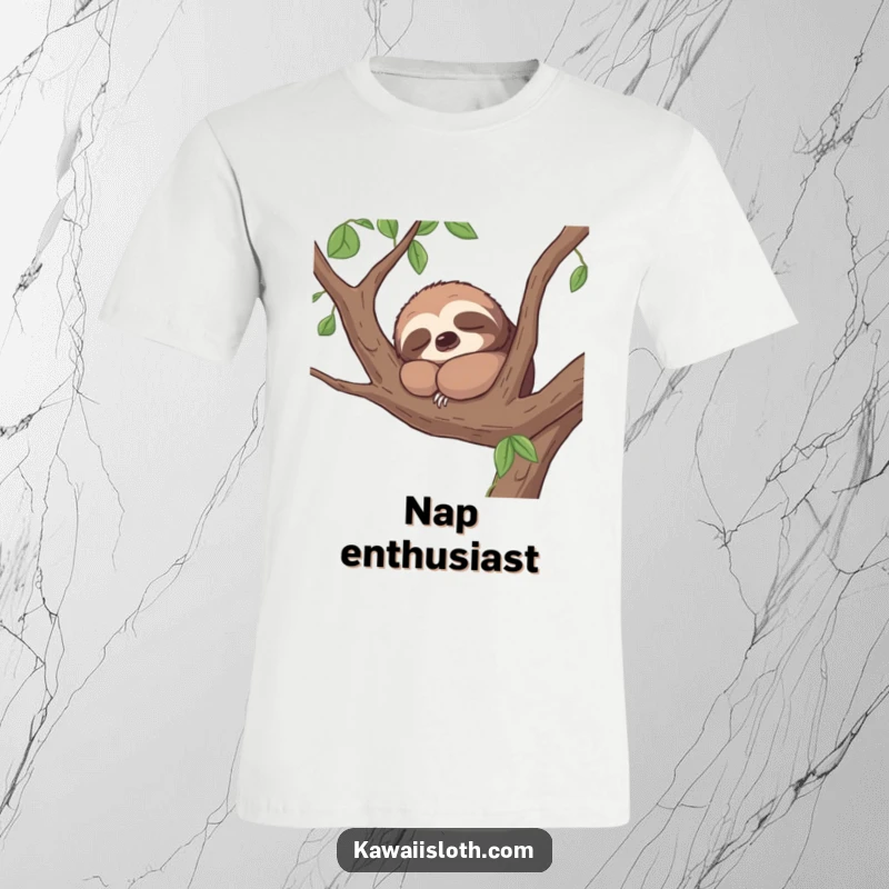 Funny t-shirt with a contented sloth napping peacefully on a tree branch, a humorous ode to relaxation.