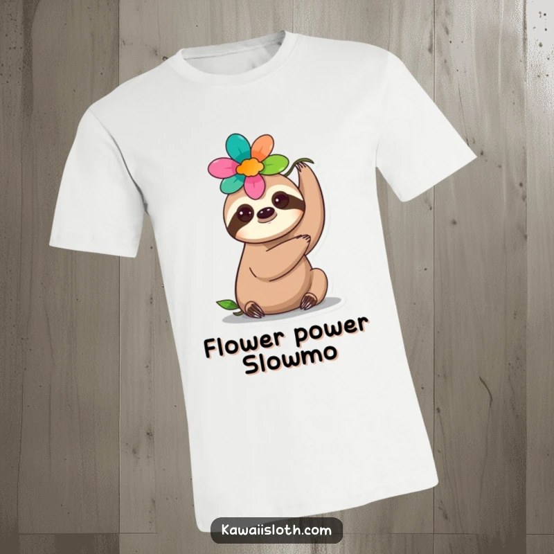 Funny flower sloth t-shirt, showing a cute sloth balancing a bright flower on its head with serene grace.