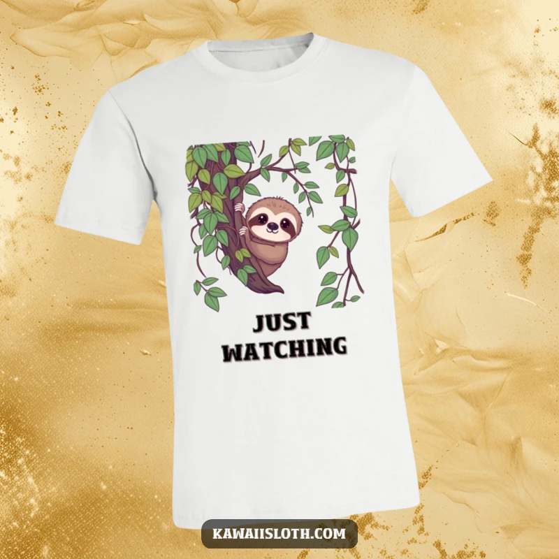 Funny shy sloth t-shirt, sloth peeking from vines, gentle gaze, humorous animal graphic, comfortable funny gift.