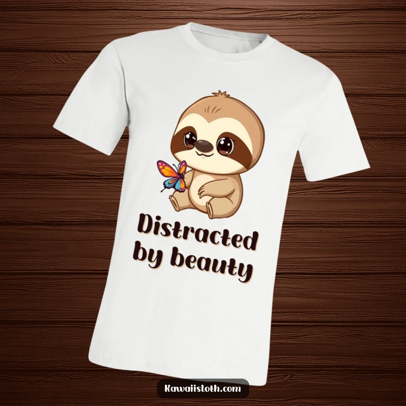 Funny t-shirt featuring a sloth with wide, curious eyes gazing at a beautiful, colorful butterfly in fascination.
