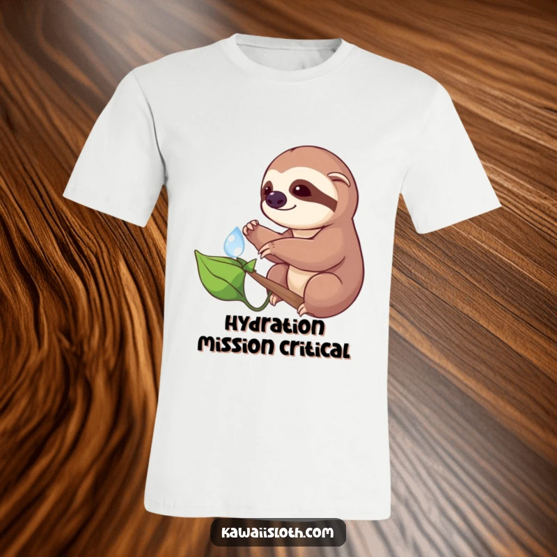 Funny T-shirt showing a sloth cautiously extending a finger towards a shiny dewdrop on a leaf, capturing a moment of delicate observation.