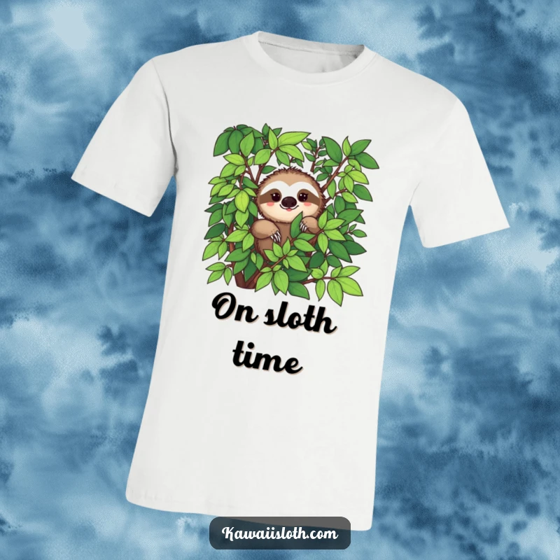 Funny t-shirt featuring a sloth peeking from lush green foliage with a hint of a smile, a humorous gift.