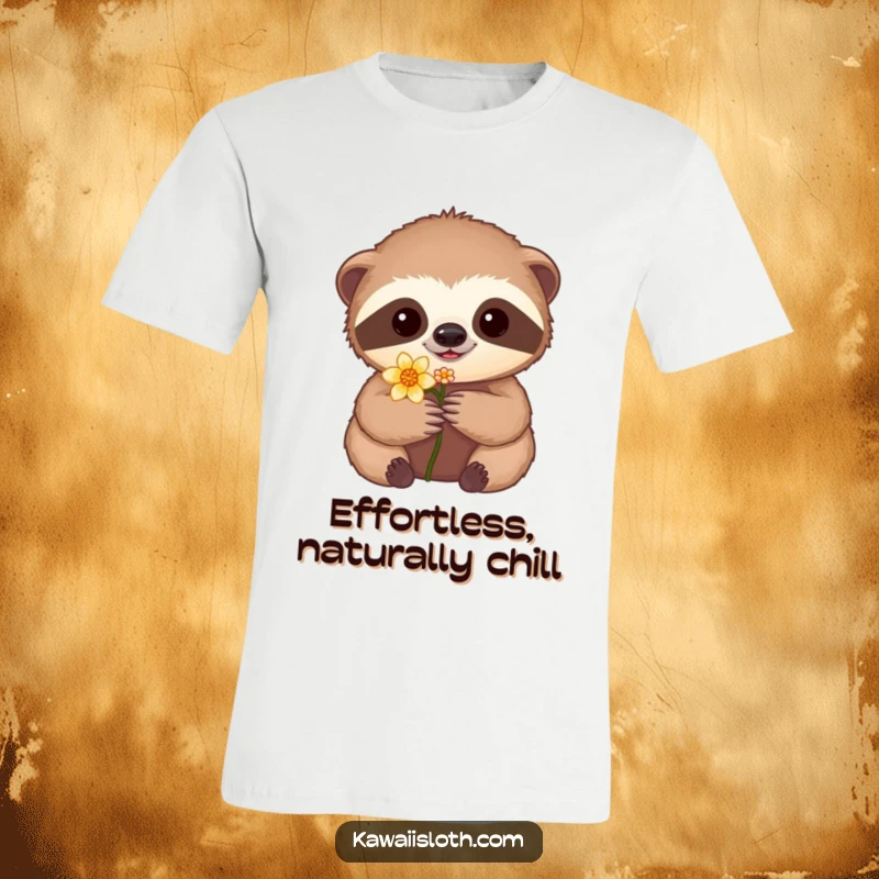 Funny t-shirt with a tender sloth holding a delicate flower, radiating a calm and loving aura, perfect for slow living fans.