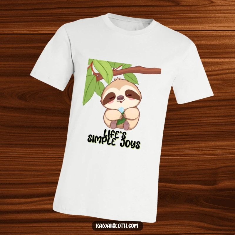 Funny sloth t-shirt, tiny smile sloth enjoying a dewdrop on a leaf, humorous and cheerful, great funny gift.