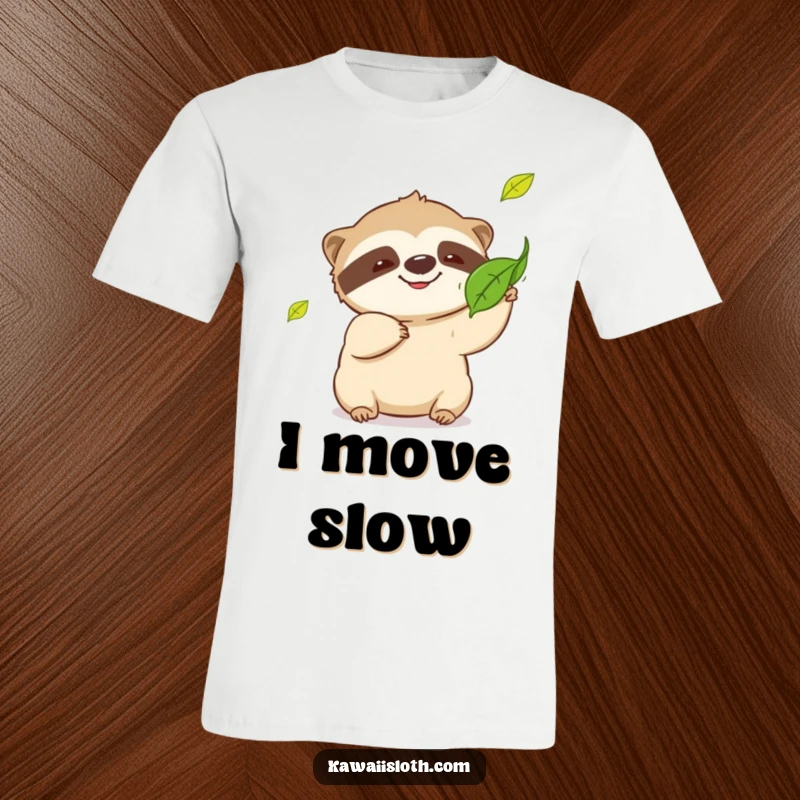 Funny sloth t-shirt, playful sloth grinning, attempting to catch a falling leaf, humorous animal graphic tee, great funny gift.