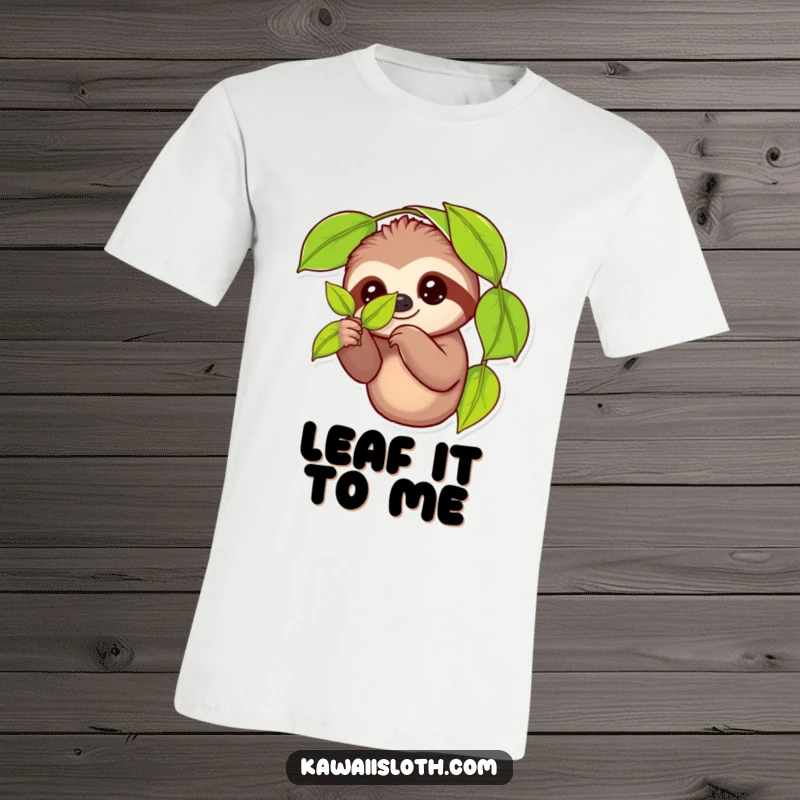 Funny T-shirt showcasing a relaxed sloth with a smile, playfully holding a single leaf with two fingers, perfect for casual wear.