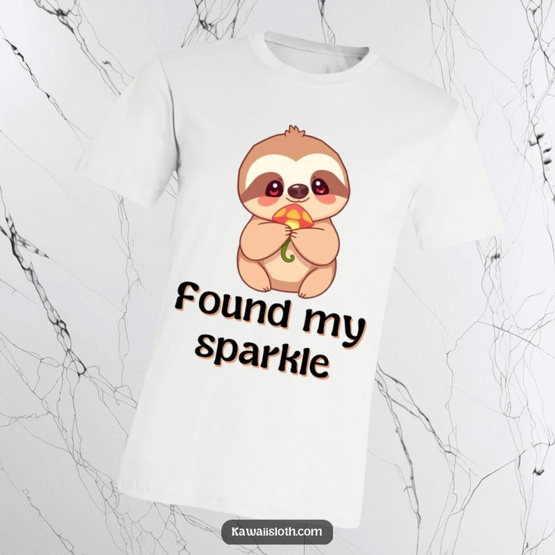 Funny T-Shirt of a sloth holding a tiny, bioluminescent mushroom, expressing pure wonder and gentle, humorous delight.