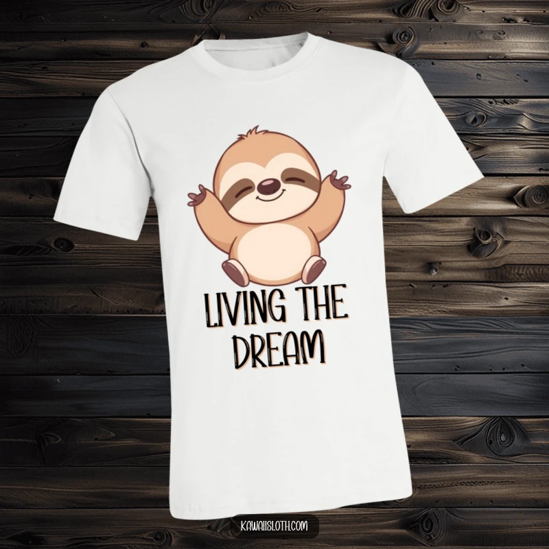 Funny t-shirt with a sloth stretching contentedly with a peaceful smile, perfect for showing a relaxed mood. A humorous gift.