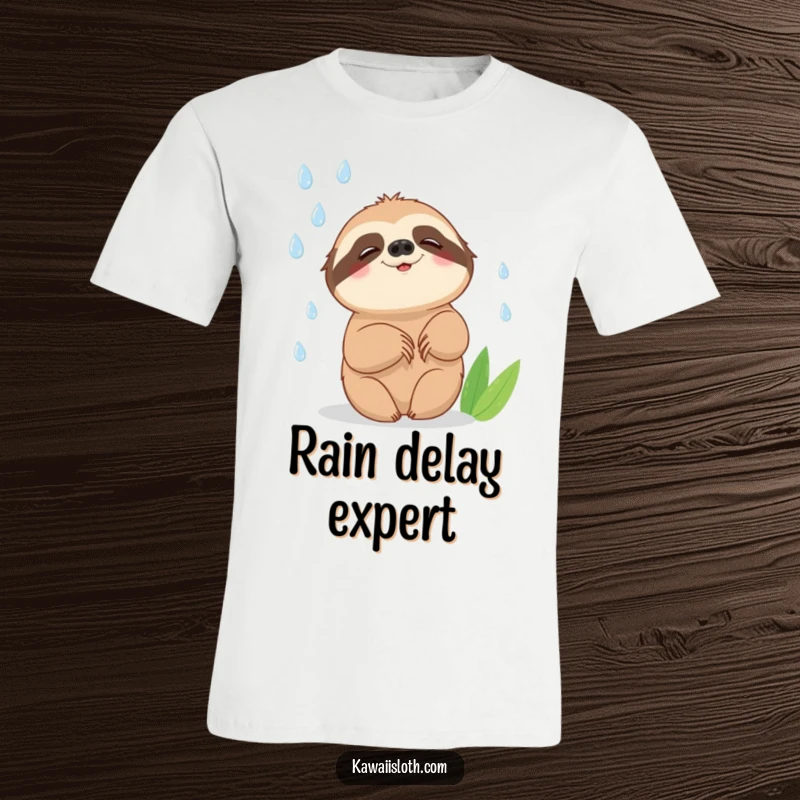 Funny t-shirt featuring a sloth slowly catching falling raindrops with a cheerful smile, embodying a humorous and joyful spirit.