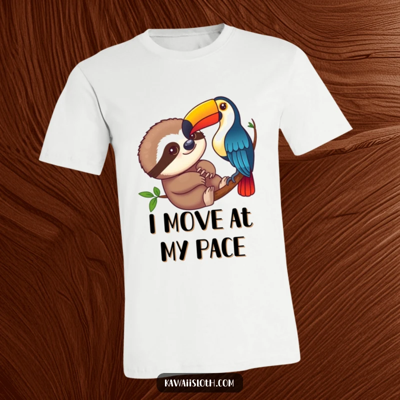 Funny sloth curiously observing a colorful toucan on a t-shirt, illustrating a comical wildlife interaction, great for laughs.