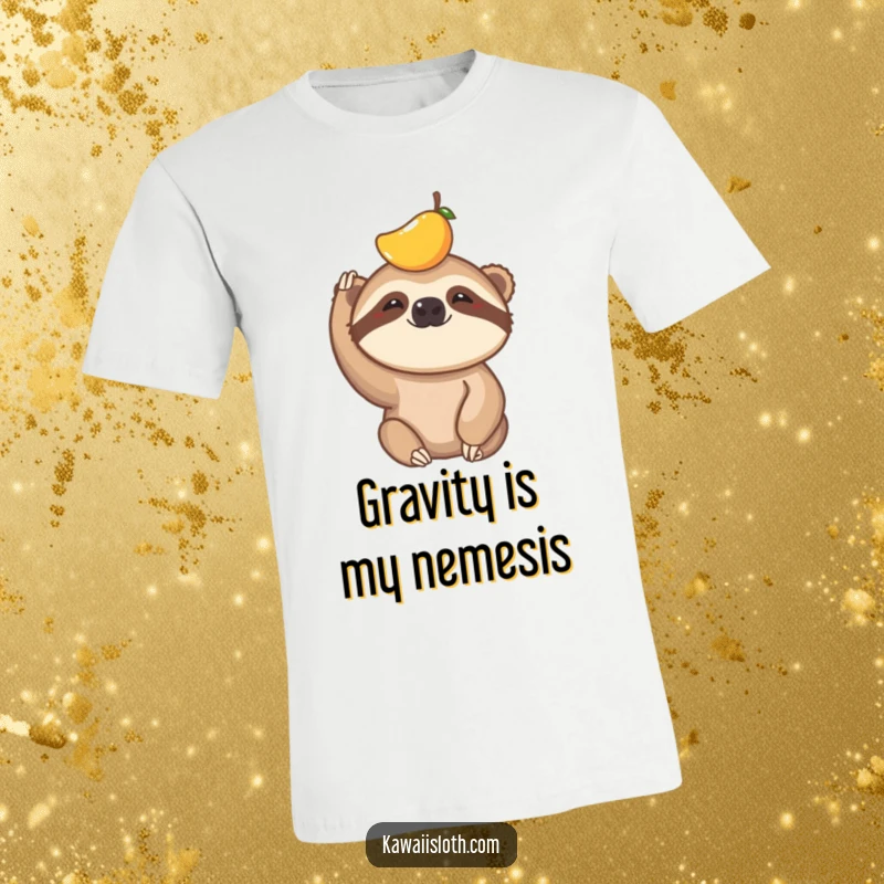Funny t-shirt showcasing a sloth struggling humorously to balance a small piece of fruit on its head, conveying playful determination.