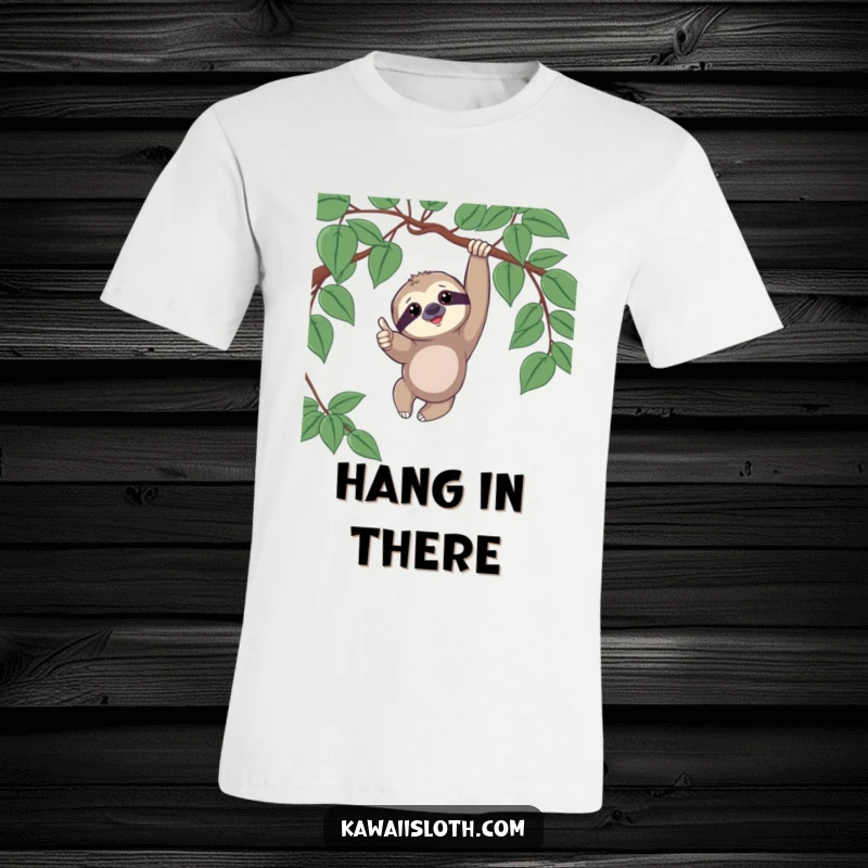 Funny t-shirt featuring a sloth playfully dangling from a vine, giving a prominent thumbs up with a relaxed and joyful demeanor.
