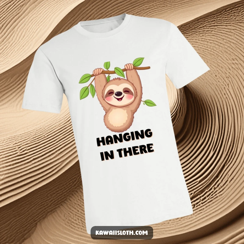 Funny happy sloth t-shirt featuring a smiling sloth hanging upside down from a branch, radiating pure, comical contentment.