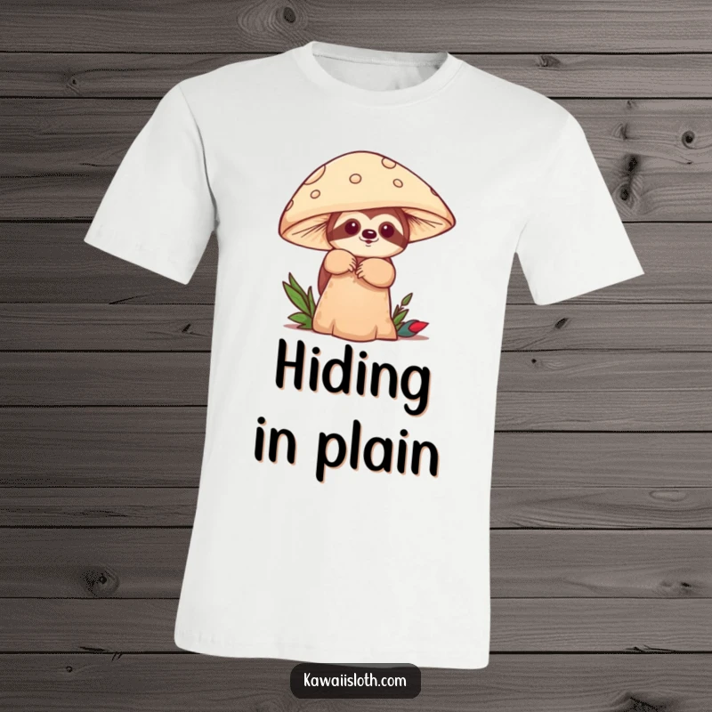 Funny t-shirt with a sloth playfully peeking from behind a big mushroom, a cute hide-and-seek design. A humorous gift.