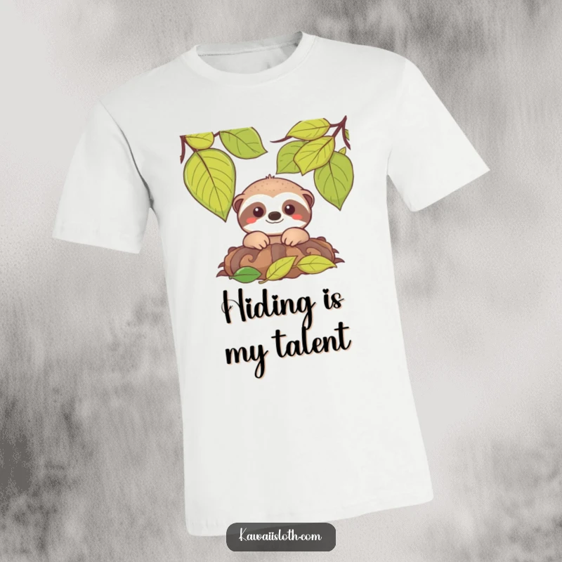 Funny T-shirt featuring a smiling sloth peeking out from behind a lush pile of green leaves, looking sweet.