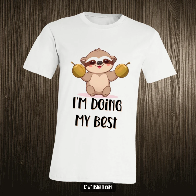 Funny sloth t-shirt, comically juggling two coconuts, symbolizing slow multitasking, great funny gift.