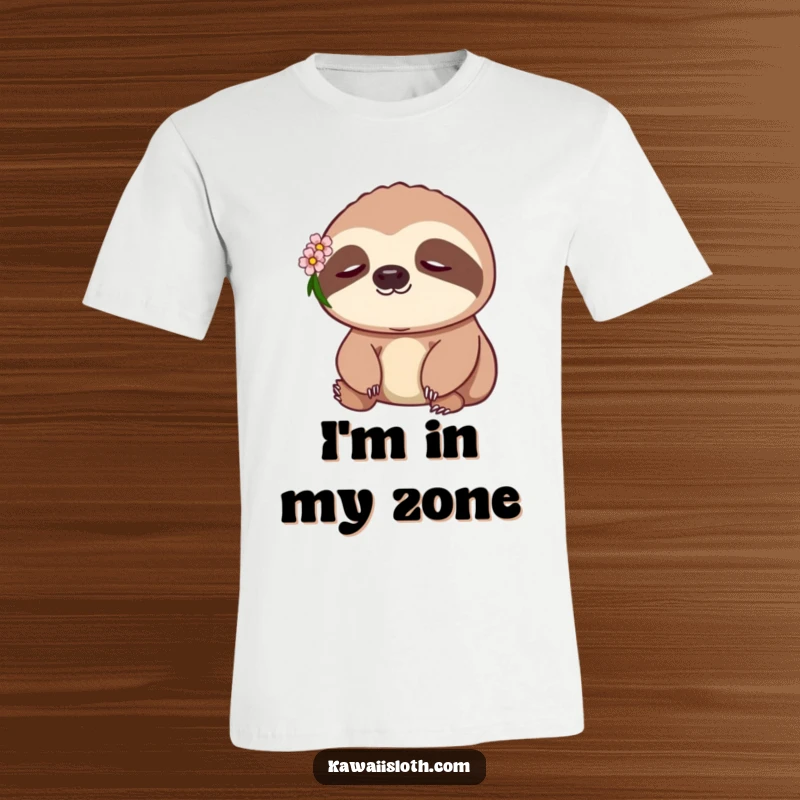 Funny Sloth T-Shirt: a calm sloth wearing a small flower behind its ear, radiating peace and leisure.