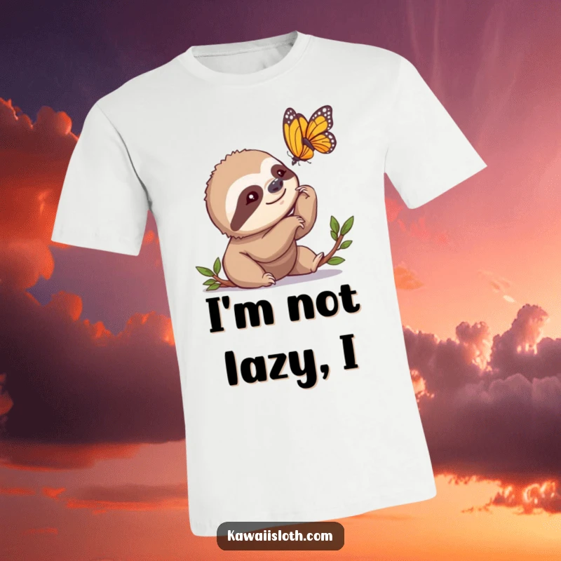 Funny T-Shirt of a sloth slowly nodding, captivated by a passing butterfly, showcasing a peaceful and humorous observation.