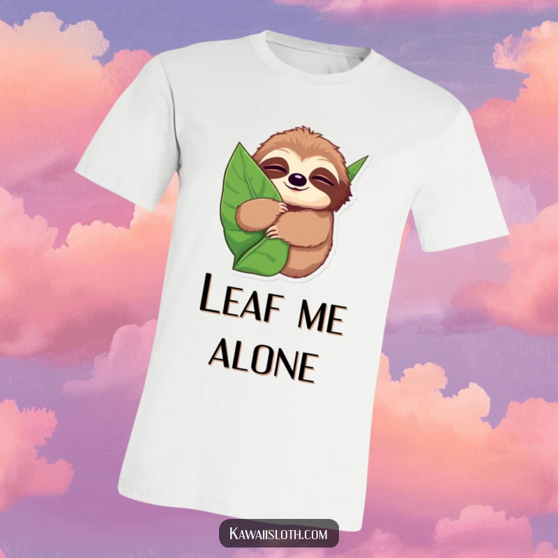 Funny t-shirt featuring a sloth with wide, sleepy eyes, hugging a giant leaf with a content and peaceful demeanor.