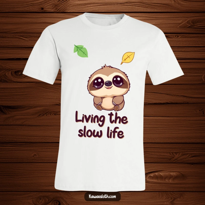 Funny t-shirt showcasing a sloth with large, soulful eyes observing a leaf descend, perfect for fans of mellow humor.