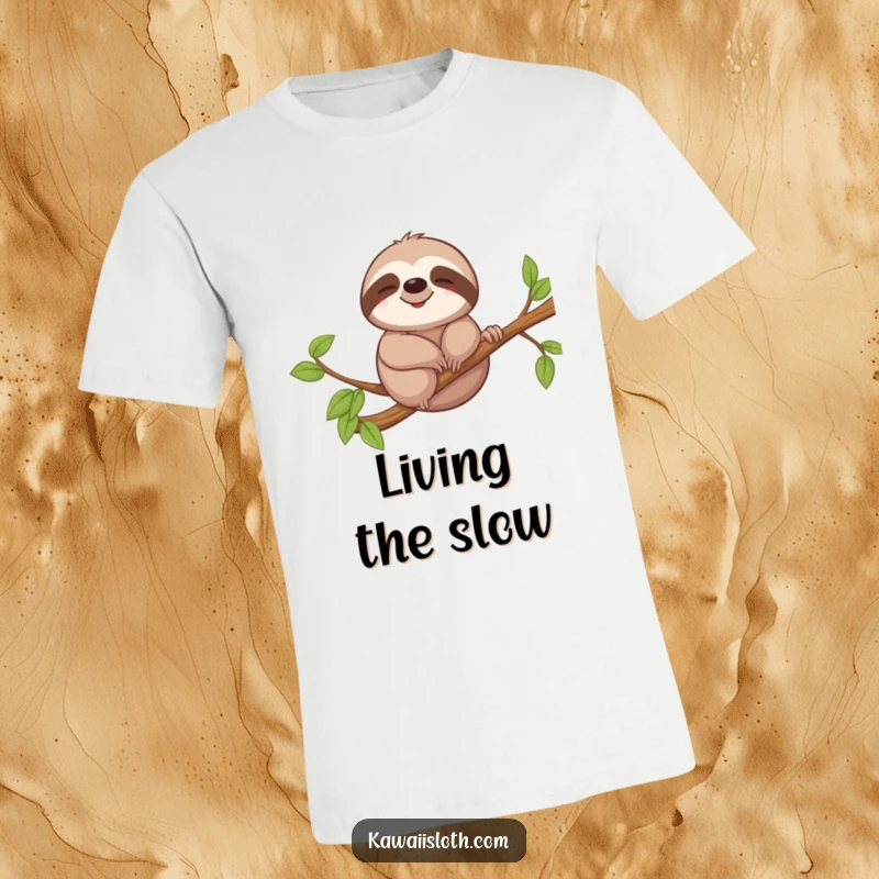 Funny t-shirt design of a sloth with a peaceful, relaxed smile, gently swaying on a branch, promoting a message of calm.