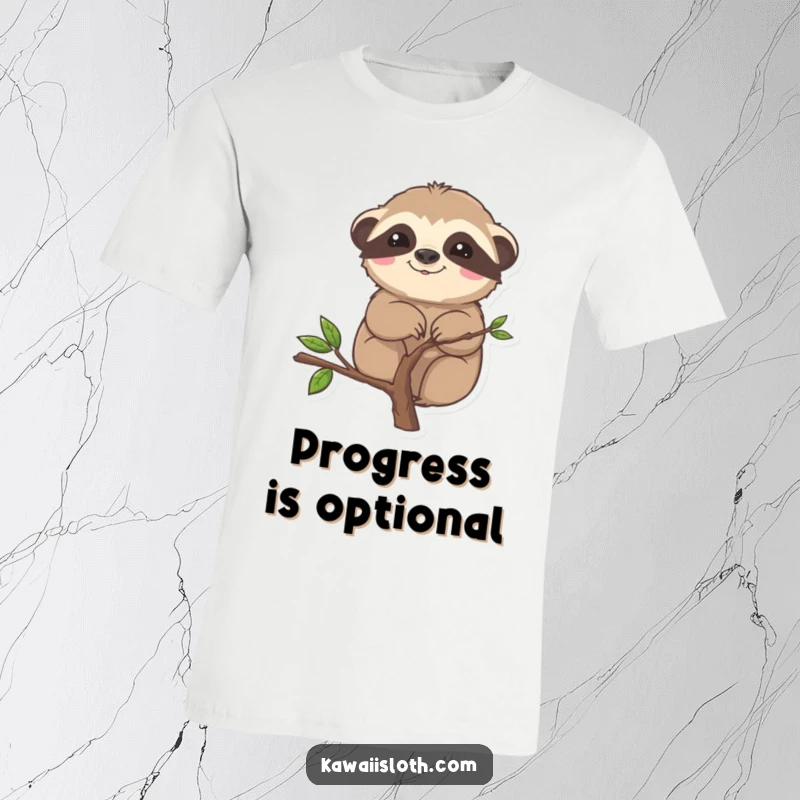 Funny t-shirt with a sloth comically stuck on a small branch, depicting a humorous and relatable situation.