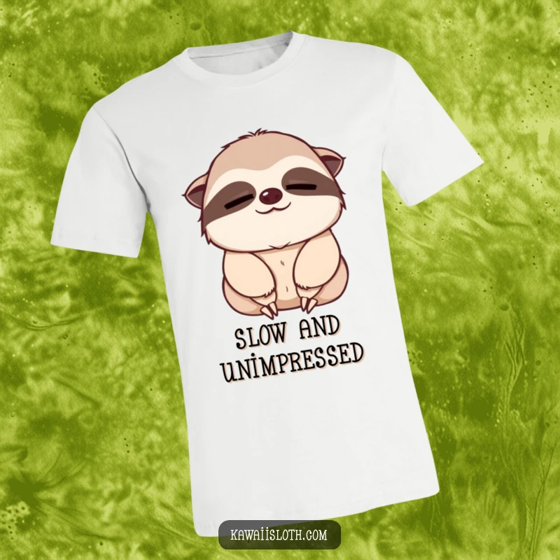 Funny t-shirt depicting a sloth with sleepy eyes giving a slow, gentle nod, symbolizing peace, patience, and relaxed contentment.