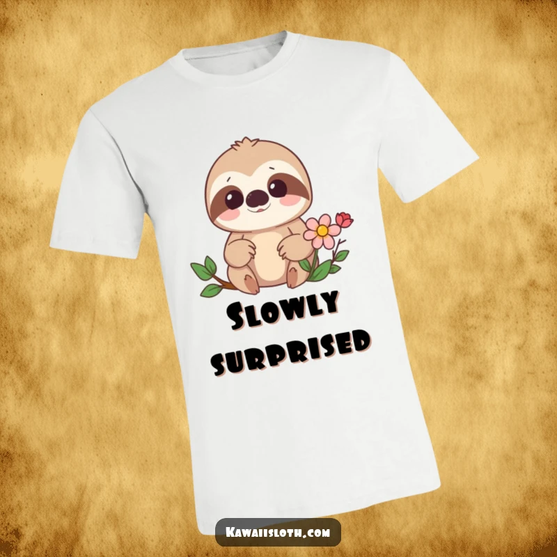 Funny t-shirt with a surprised sloth finding a hidden flower, showcasing a humorous and delightful moment. A perfect gift.