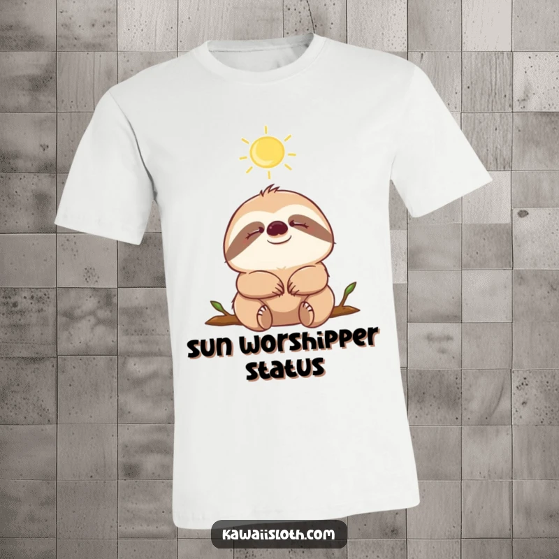 Funny sloth with eyes closed, enjoying a sunbeam, printed on a soft t-shirt, conveying pure contentment.