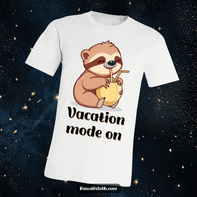 Funny t-shirt design of a sloth leisurely sipping from a coconut drink with a straw, capturing a perfect vacation mood.