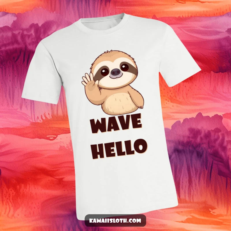 Funny t-shirt design of a sloth slowly raising its arm to offer a friendly, gentle wave.