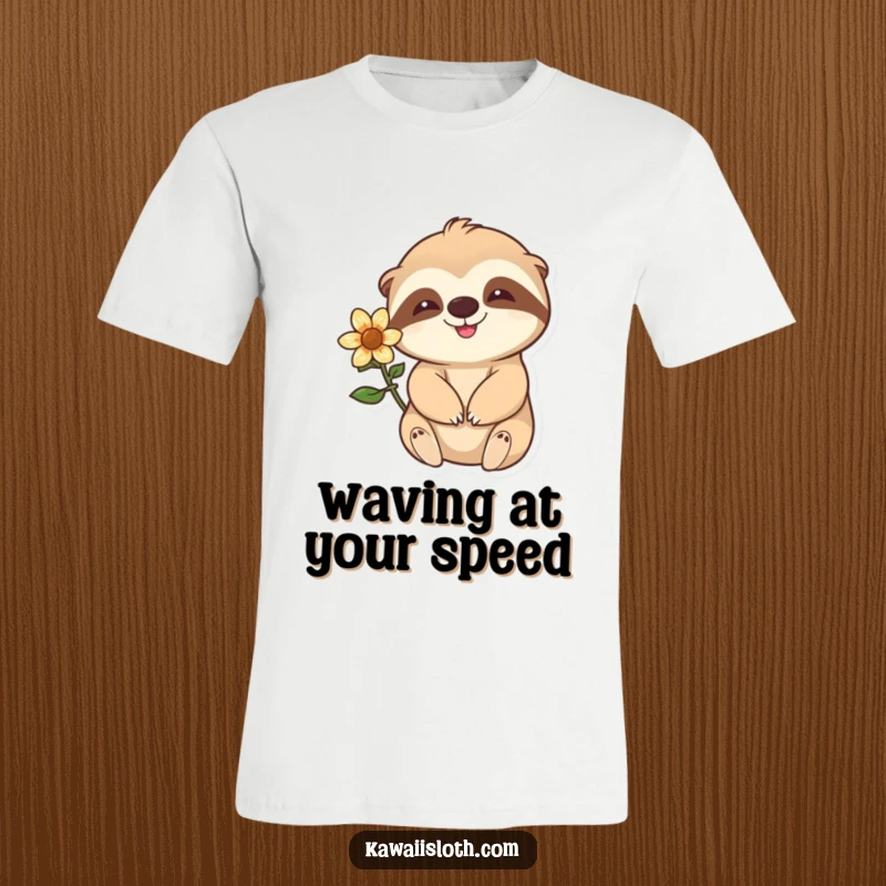 Funny happy sloth with a flower behind its ear waving slowly wearing a cool t-shirt, perfect for relaxed individuals.