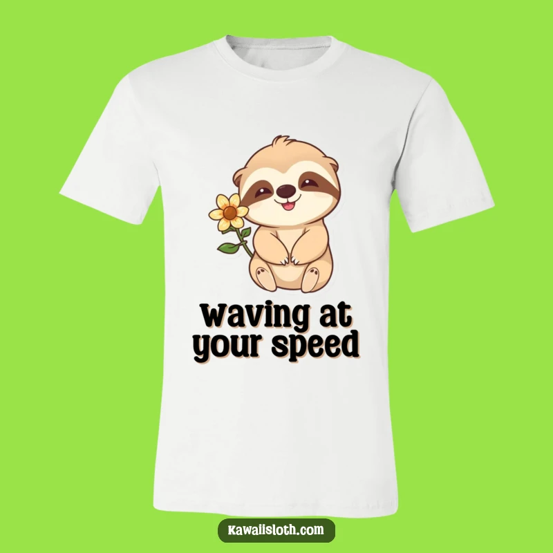 Funny Sloth T-Shirt - Happy Flower Ear Sloth Waving Slowly Tee