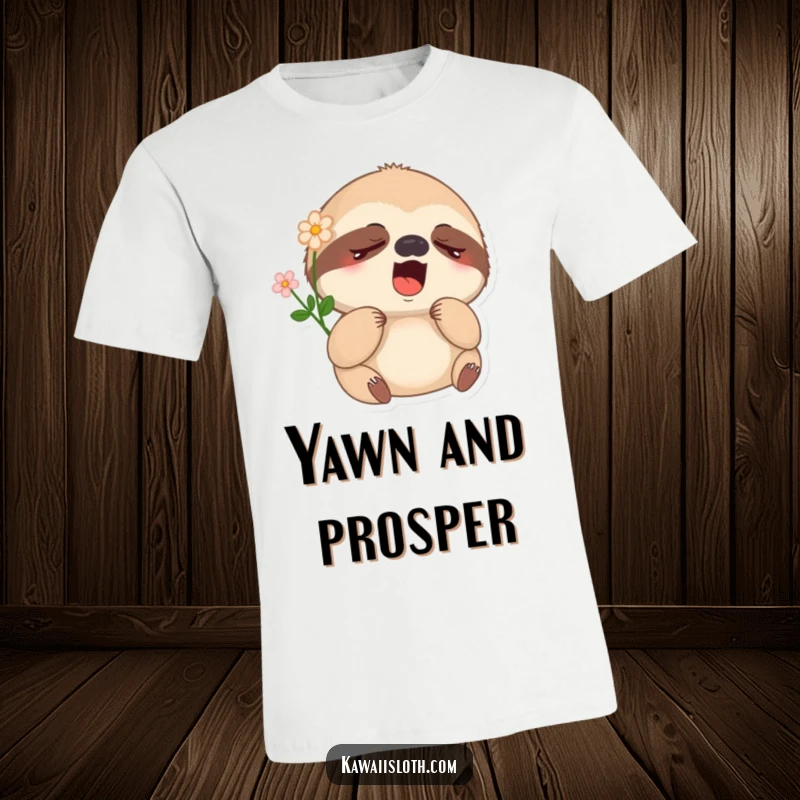 Funny sleepy sloth t-shirt featuring a yawning sloth with a flower on its head, radiating comical tiredness and peacefulness.