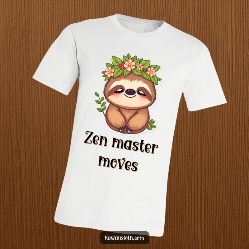 Funny sloth t-shirt with a sloth wearing a leafy crown and a peaceful expression, celebrating slow living and natural majesty.