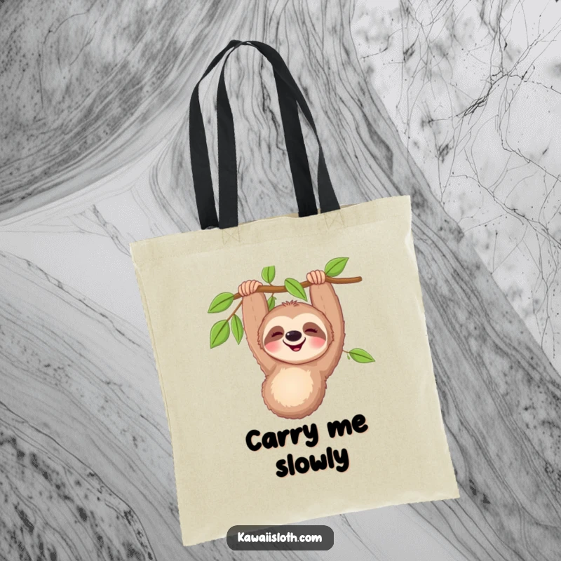 Funny happy sloth tote bag featuring a smiling sloth hanging from a branch, a charming and humorous accessory for daily use.