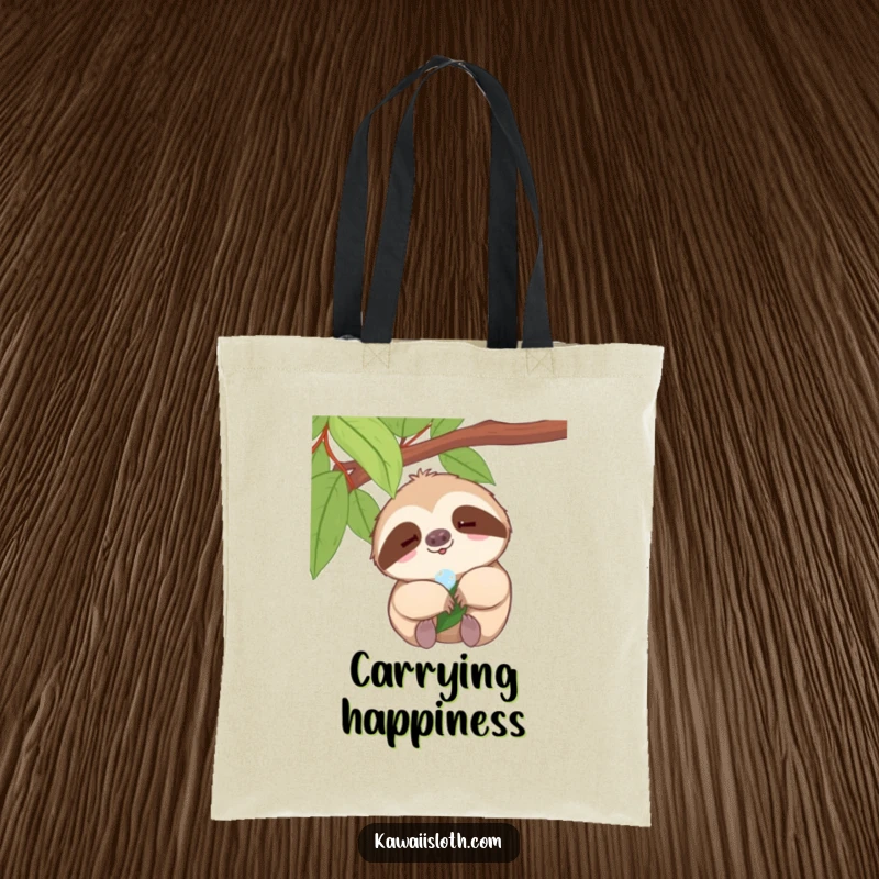 Funny sloth tote bag, tiny smile sloth enjoying a dewdrop on a leaf, humorous and practical, great funny gift.