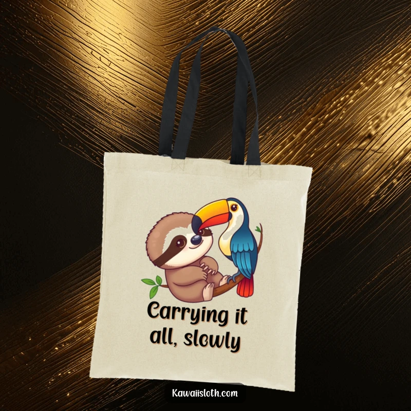 Funny sloth curiously observing a colorful toucan on a tote bag, displaying a comical nature scene, practical and amusing.