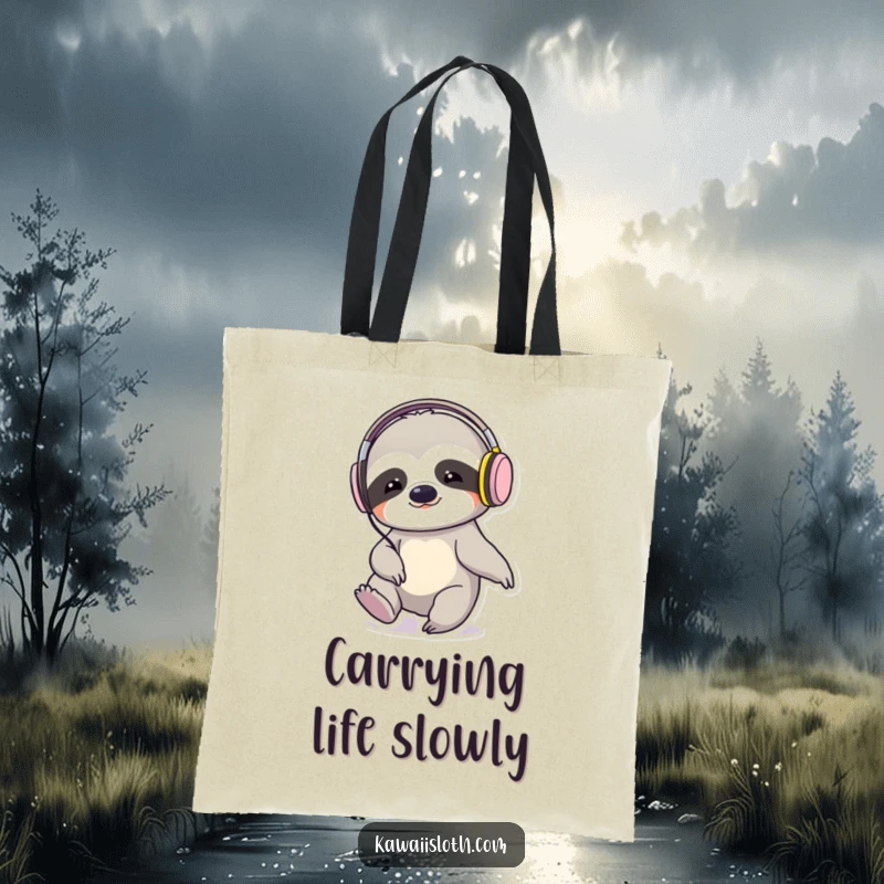 Funny sloth wearing headphones, tapping its foot rhythmically, illustrated on a durable tote bag, great for shopping.