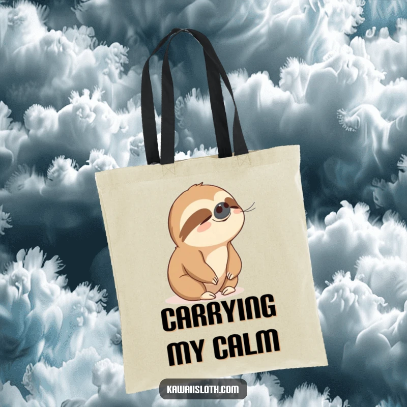 Funny tote bag illustration of a peaceful sloth enjoying a breeze, great for carrying items with a serene touch.