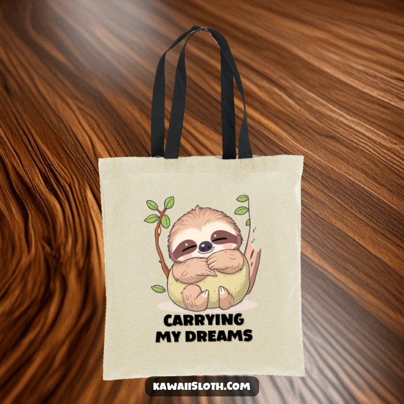 Funny tote bag featuring a sloth with dreamy eyes, embracing a soft mossy pillow, perfect for carrying essentials with a cozy vibe.