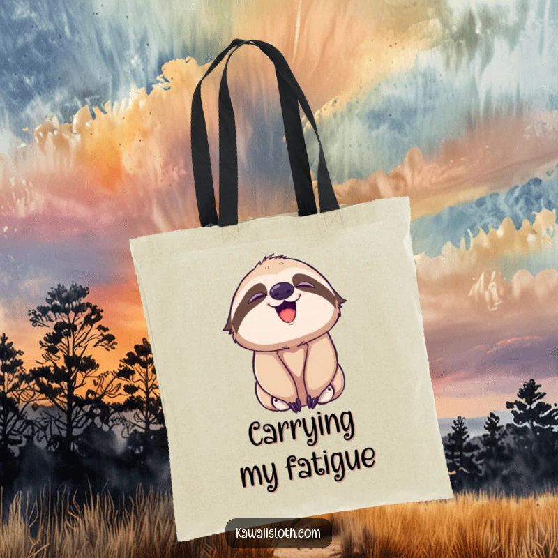 Funny tote bag illustrating a sloth playfully yawning, with a subtle, happy smile, perfect for carrying everyday calm.