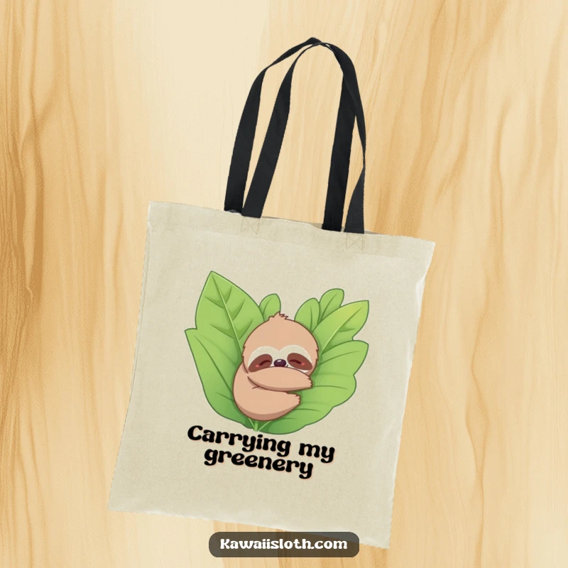 Funny tote bag depicting a sloth hugging a plant, symbolizing love for greenery and peaceful moments. Carry your essentials with humor.