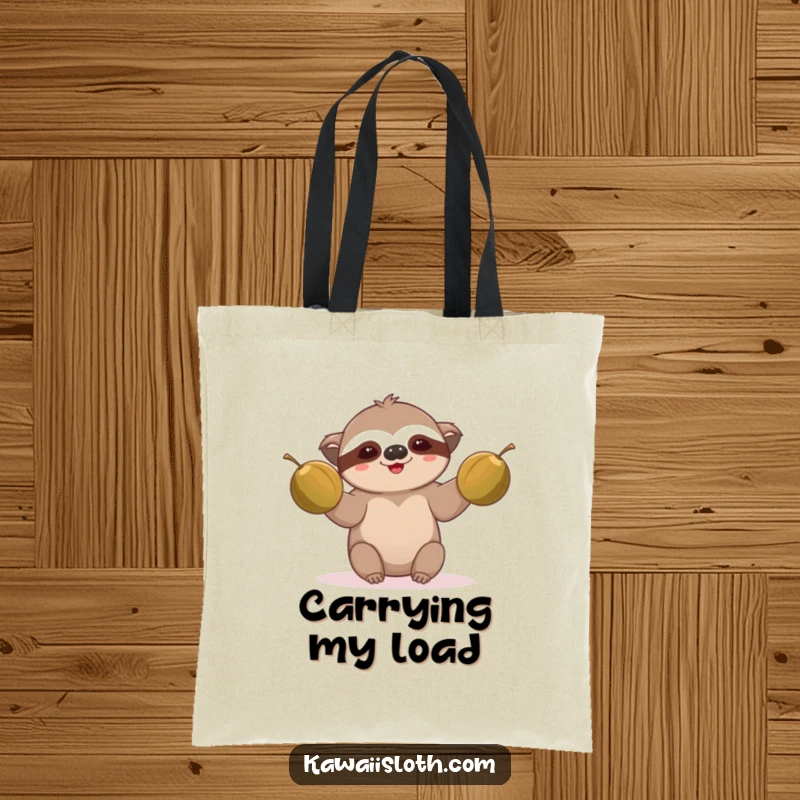 Funny sloth tote bag, comically juggling coconuts, showing slow effort, excellent funny gift for shoppers.