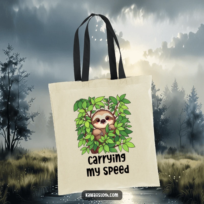 Funny tote bag with a sloth peeking from lush green foliage with a hint of a smile, a serene accessory.