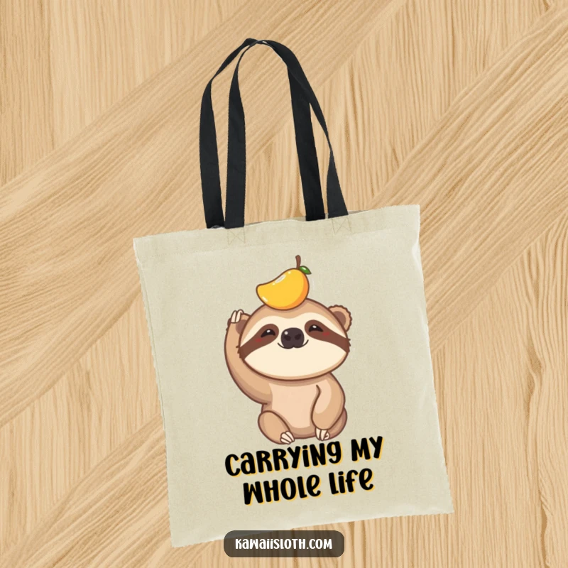 Funny tote bag featuring a sloth humorously trying to balance a small piece of fruit on its head, great for everyday use.
