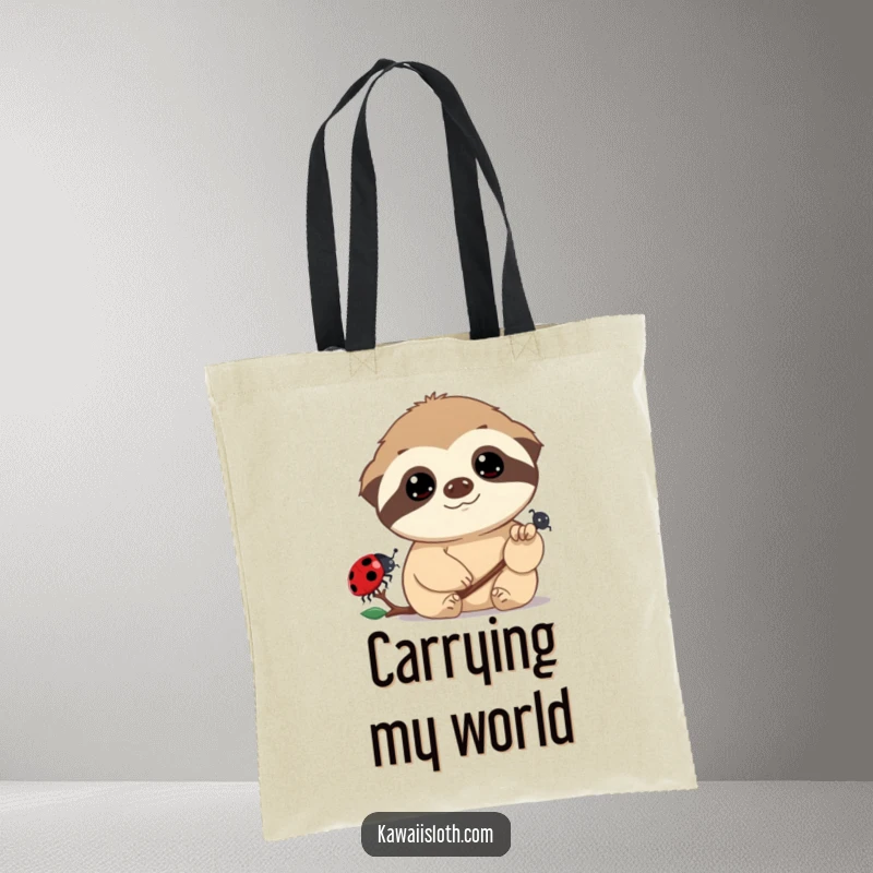 Funny tote bag illustration of a sloth with wide, dreamy eyes observing a slow-moving ladybug, ideal for carrying items with whimsical charm.