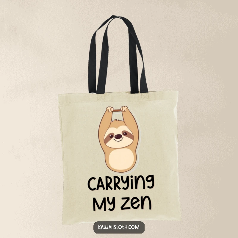 Funny tote bag showcasing a smiling sloth hanging upside down with a contented expression, perfect for carrying items with humor.