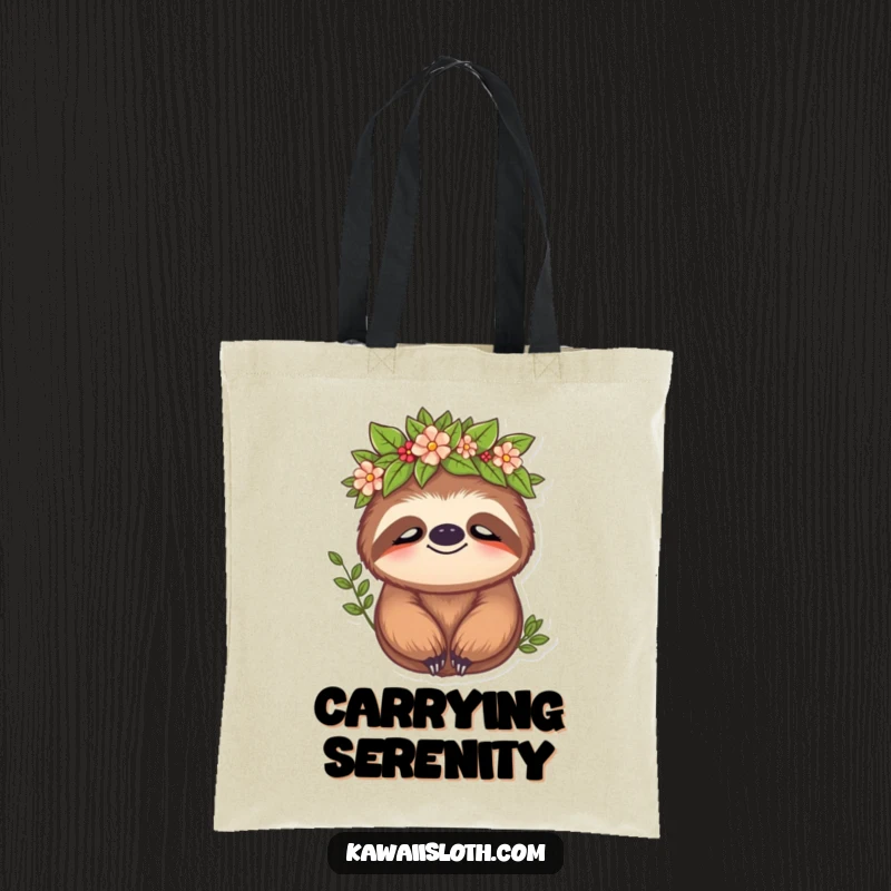 Funny sloth tote bag illustration of a sloth wearing a leafy crown with a peaceful expression, representing calm and nature.